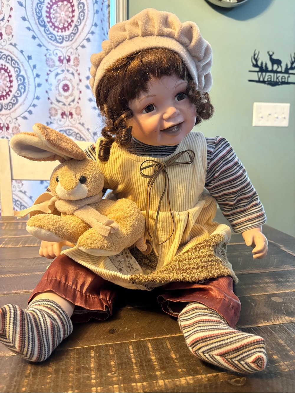 Genuine Hand Crafted Porcelain Doll Young Peasant Girl Curly Hair Brown Eyes
